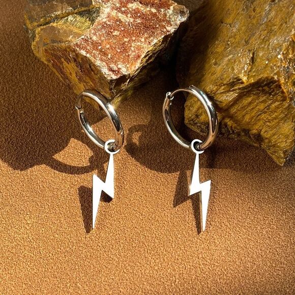 Silver Hoop Lightening Bolt Earring